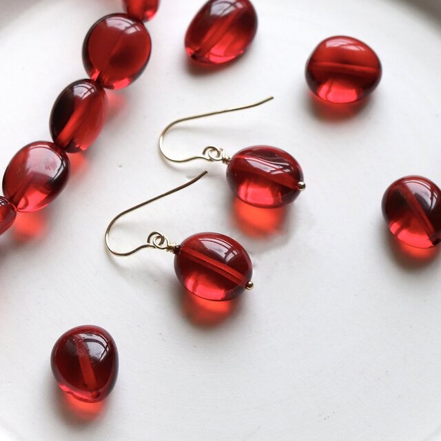 天然琥珀＊レッドアンバーのピアス／イヤリング 14Kgf｜真紅のザクロカラー　--Pomegranate--