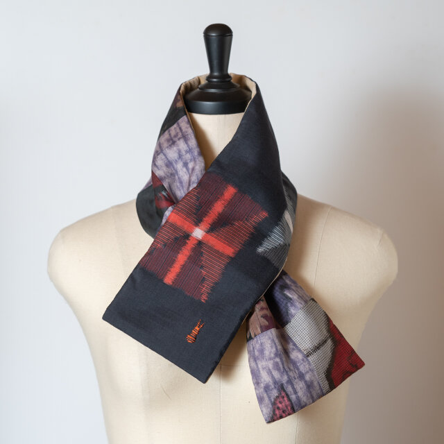 銘仙×別珍の小さな襟巻き323(ベージュ) リメイク 古布 和布 ストール ネックウォーマー プチマフラー リバーシブル