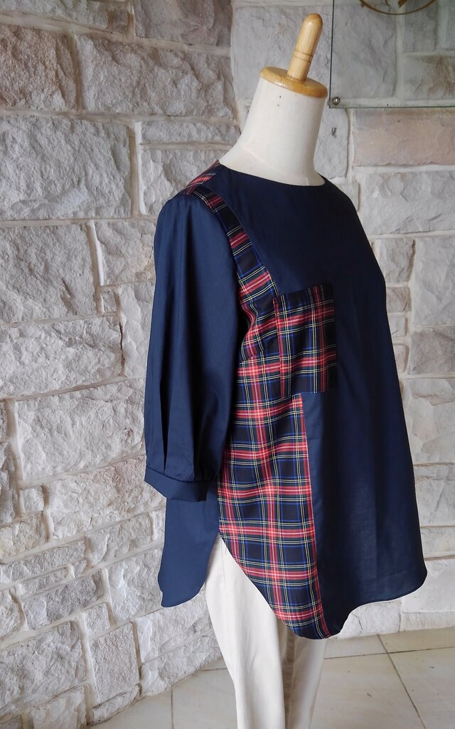 【HN様オーダー画面】英国・体形カバー・タータンチェック・ネイビー・普段着えり無しブラウス