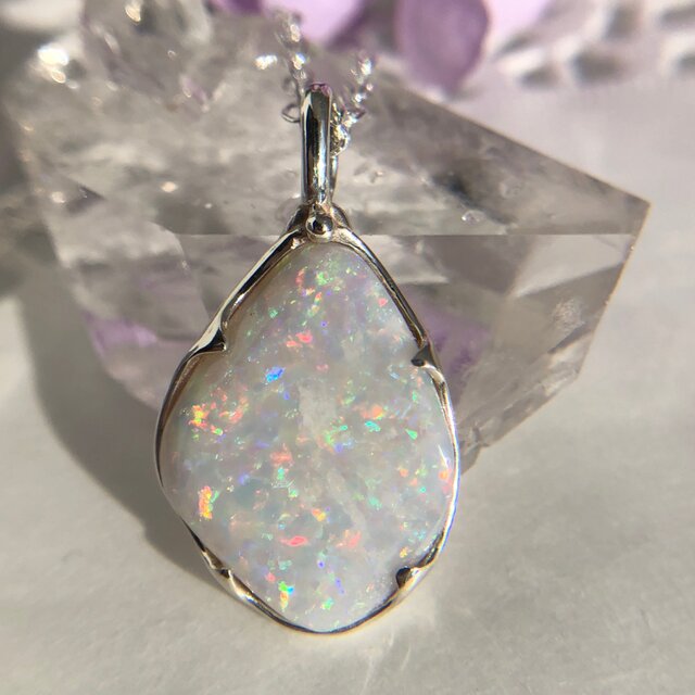 天然ミルキーオパールシルバーロングネックレス4.45ct☆オーストラリア・クーバーペディ産の原石から磨いた1点もの!の画像1枚目