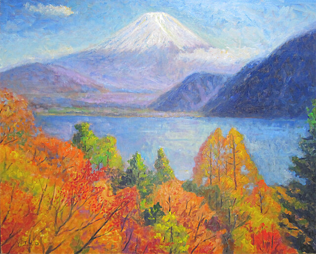 紅葉と本栖湖 - 油絵のハンドメイド・クラフト作品・手仕事品一覧