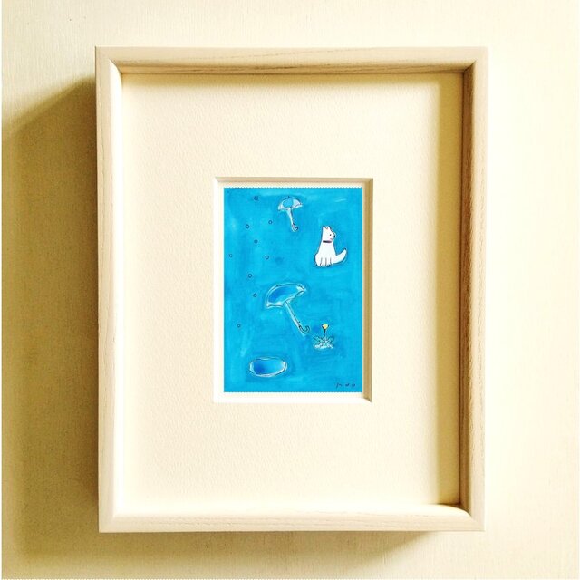 犬の絵｜原画「rainy day」水彩イラスト　※木製額縁入り