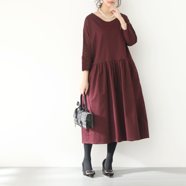 Vネック　コットン　ギャザー　ゆったり　ワンピース　♪オーダーサイズ可