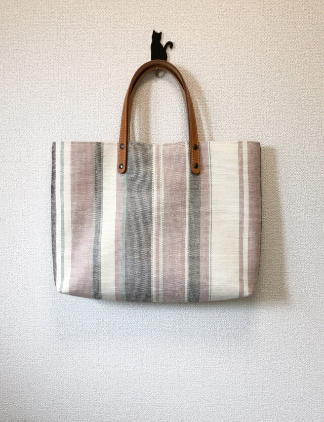 裂き織り　トートバッグ（やたら縞）本革持ち手　