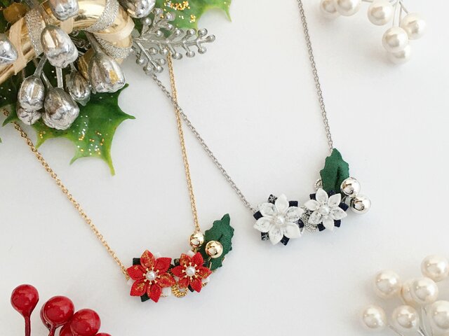 ポインセチアの花束ネックレス （ つまみ細工＊受注制作 ） | iichi