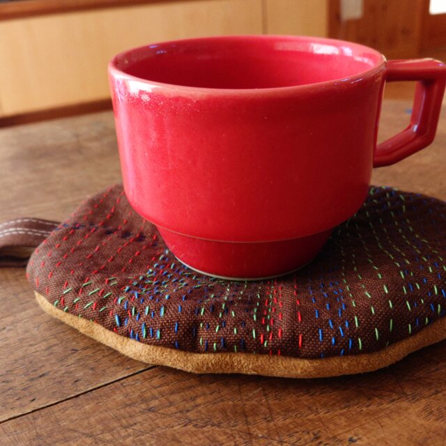 鍋つかみやコースターに*刺し子*スウェード No.5