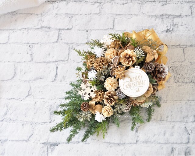 «823»◤完売◢早割りクリスマスリース*ゴールドリボン*華やかな可愛いリース リースゴールドコーンズアップルラメS | クリスマスリース・雑貨