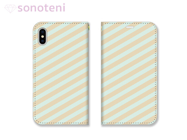 スマホケース 手帳型帯なし ストライプ ミント (iPhone・Android対応)【受注生産】#011-tcの画像1枚目