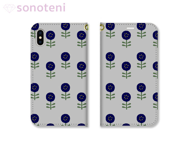 スマホケース 手帳型帯なし 北欧 花柄 グレー (iPhone・Android対応)【受注生産】#101-tcの画像1枚目