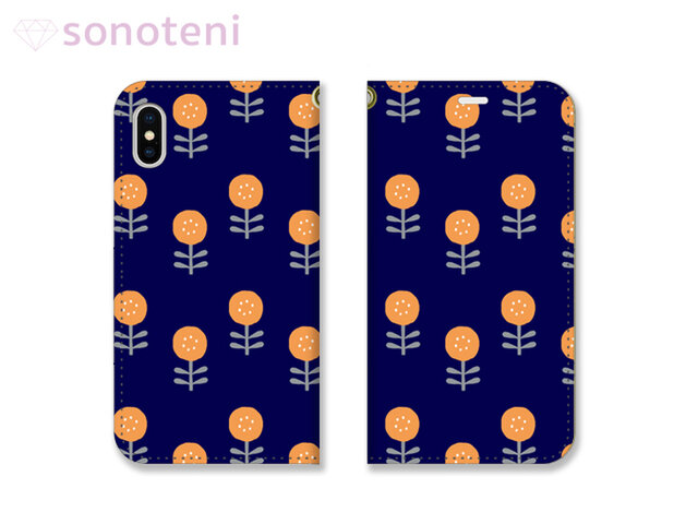 スマホケース 手帳型帯なし 北欧 花柄 ネイビー (iPhone・Android対応)【受注生産】#103-tcの画像1枚目