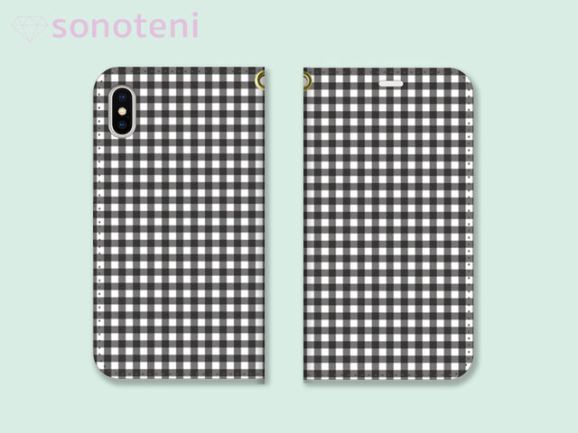 スマホケース 手帳型帯なし ギンガムチェック 1 黒 (iPhone・Android対応)【受注生産】#0114-tcの画像1枚目