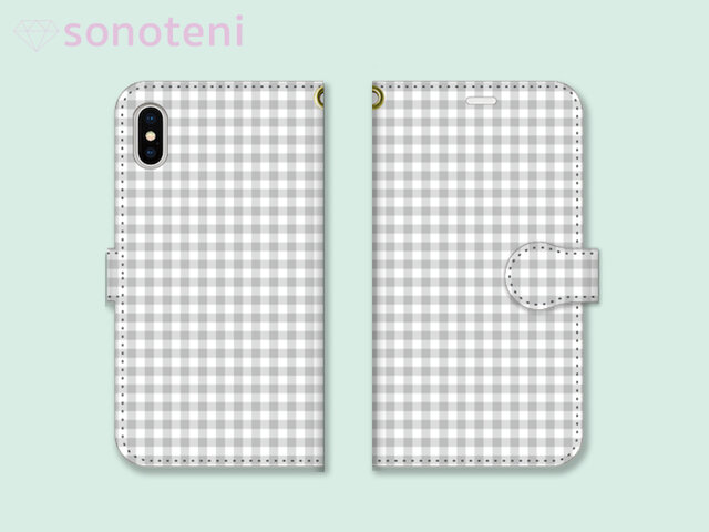 スマホケース 手帳型帯付き ギンガムチェック 2 グレー (iPhone・Android対応)【受注生産】#0115-tcsoの画像1枚目
