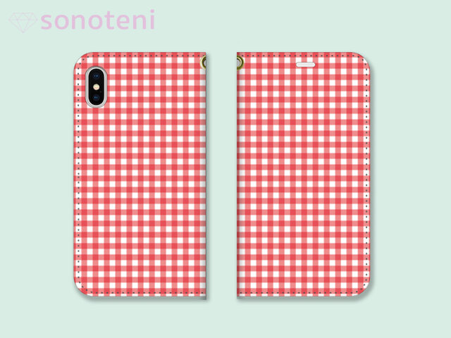 スマホケース 手帳型帯なし ギンガムチェック 4 赤 (iPhone・Android対応)【受注生産】#0117-tcの画像1枚目
