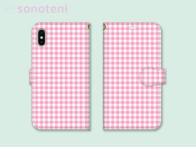 スマホケース 手帳型帯付き ギンガムチェック 5 ピンク (iPhone・Android対応)【受注生産】#0118-tcsoの画像1枚目
