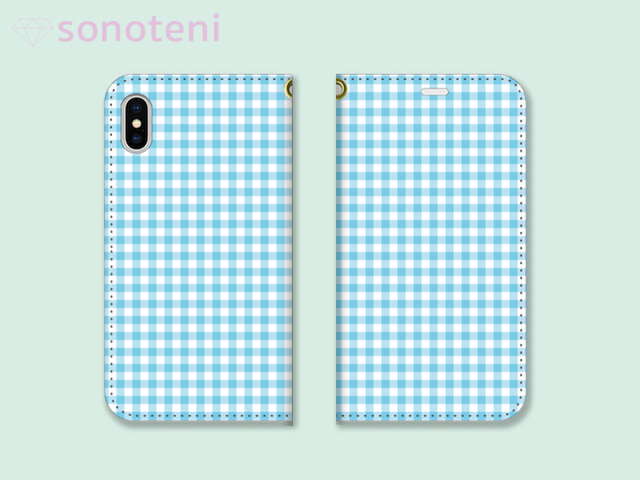 スマホケース 手帳型帯なし ギンガムチェック 6 水色 (iPhone・Android対応)【受注生産】#0119-tcの画像1枚目