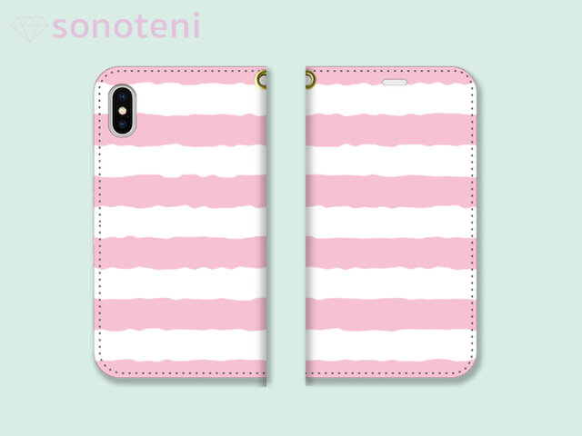 スマホケース 手帳型帯なし ボーダー ピンク (iPhone・Android対応)【受注生産】#0125-tcの画像1枚目
