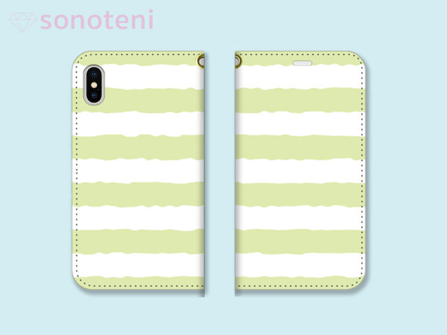 スマホケース 手帳型帯なし ボーダー ライトグリーン (iPhone・Android対応)【受注生産】#0128-tcの画像1枚目