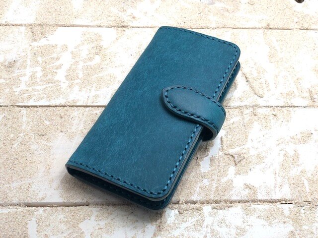 iPhone & android 手帳型 レザーケース プエブロ オルテンシア(ブルーグリーン) 糸 ブルーグリーン の画像1枚目
