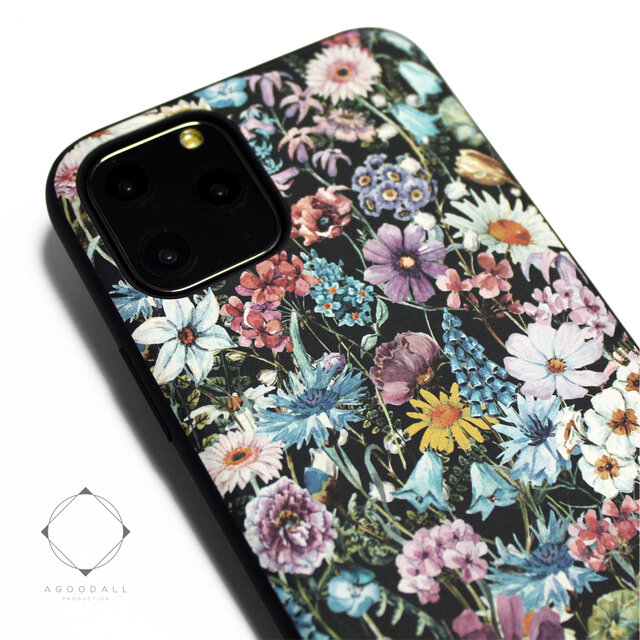 【iphone11/iphone11pro /11promax】レザーケースカバー(花柄×ブラック)ワイルドフラワーの画像1枚目