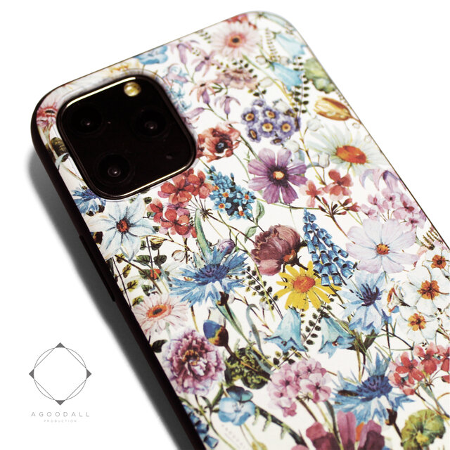 【iPhone14/14pro/13/12/12mini/11~】レザーケースカバー（花柄×ブラック）ワイルドフラワーの画像1枚目