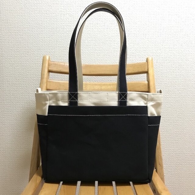 「ボックストート」中サイズ「生成り×ブラック(黒)」帆布トートバッグ 倉敷帆布8号【受注制作】の画像1枚目