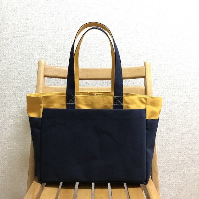 「ボックストート」通勤トート「マスタード×ネイビー(紺)」帆布トートバッグ 倉敷帆布 和泉木綿帆布【受注制作】の画像1枚目