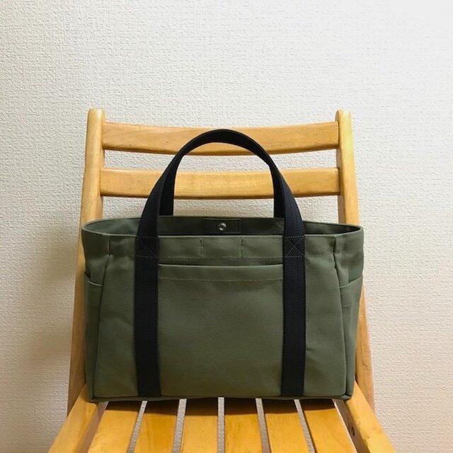 「ポケットトート」横長サイズ「オリーブ×ブラック(黒)×アズキ」帆布トートバッグ 倉敷帆布8号【受注制作】の画像1枚目