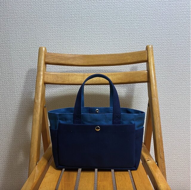「ボックストート」ミニサイズ「ミネラルブルー×ネイビー(紺)」帆布トートバッグ 倉敷帆布8号【受注制作】の画像1枚目