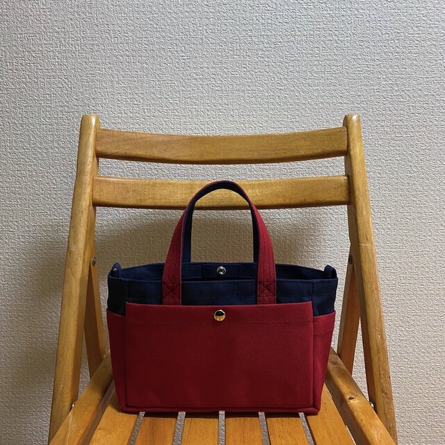 「ボックストート」ミニサイズ「ネイビー(紺)×キャニオンレッド」帆布トートバッグ 倉敷帆布8号【受注制作】の画像1枚目