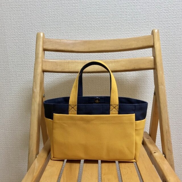 「ボックストート」ミニサイズ 「ネイビー(紺)×マスタード」帆布トートバッグ 倉敷帆布 和泉木綿帆布【受注制作】の画像1枚目