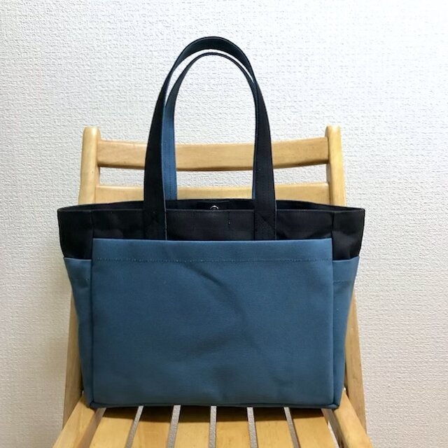 「ボックストート」通勤トート「ネイビー(紺)×ミネラルブルー」帆布トートバッグ 倉敷帆布8号【受注制作】の画像1枚目