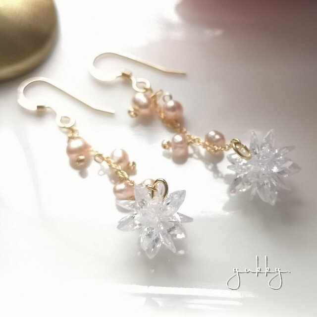 淡水真珠(オレンジ)✽ジルコニアSNOW14kgfピアス