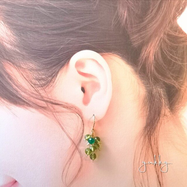 ペリドット✽クリスタル＊グリーンオニキスグリッター14kgfピアス