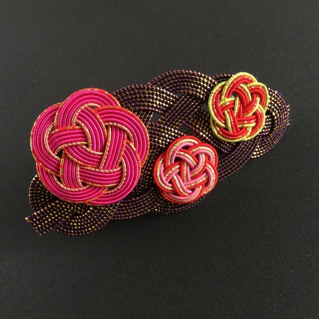 桃の花咲く　キラキラバレッタ　水引製　和風