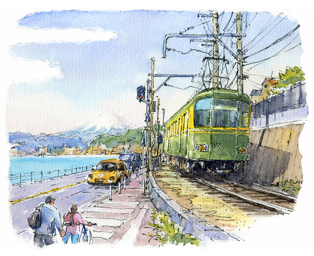 注文制作します 水彩画原画 江ノ電・七里ヶ浜を走る15(#373)の画像1枚目