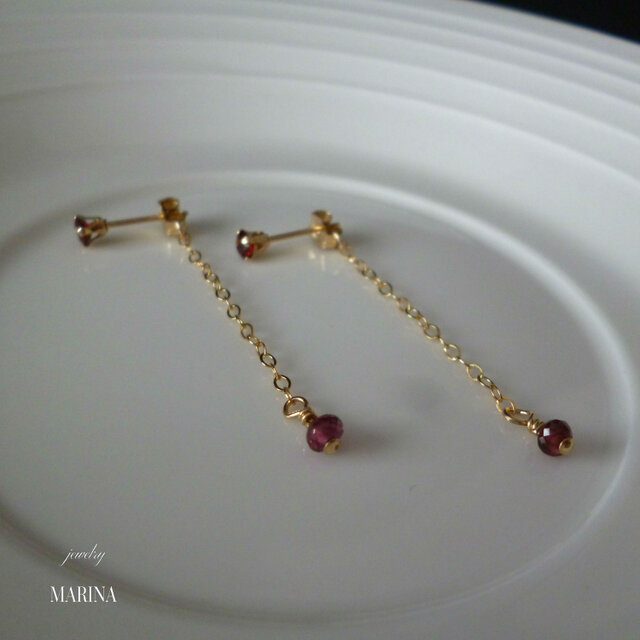 swing earrings - garnet 14kgfの画像1枚目