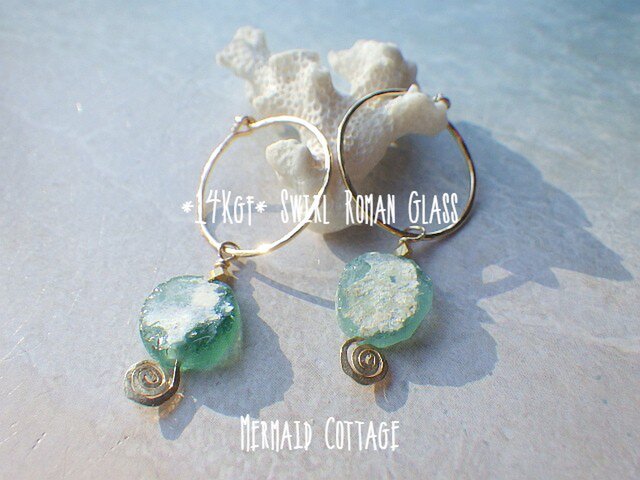 *14Kgf* Swirl Roman Glass 渦巻ローマングラスのフープピアス☆銀化☆の画像1枚目