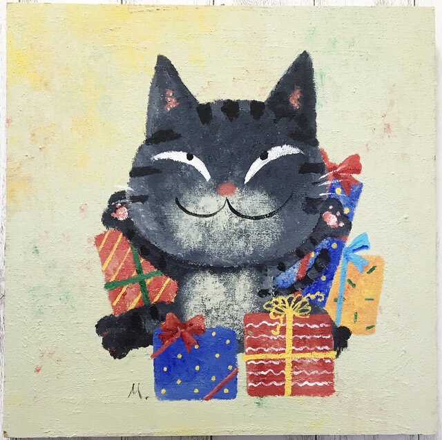 黒トラ猫のクリスマス木製パネル【アクリル画】の画像1枚目