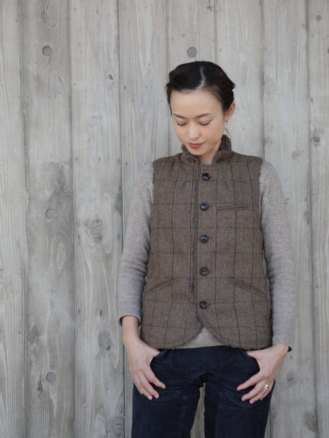oyajisan boa RV vest / brown plaidの画像1枚目