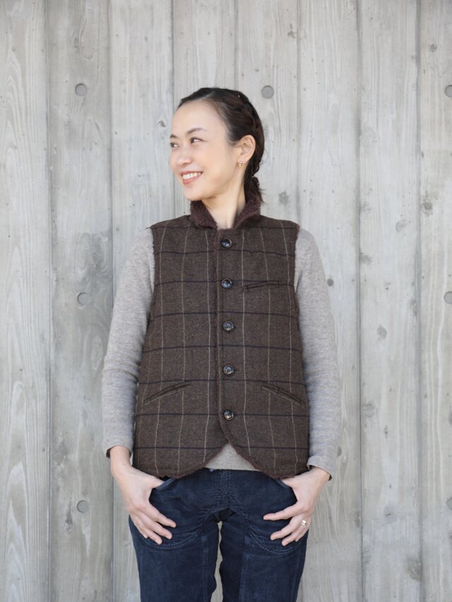 oyajisan boa RV vest / dark brown plaidの画像1枚目