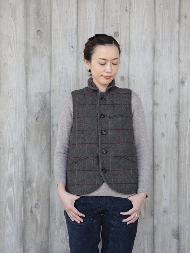 oyajisan boa RV vest / gray plaidの画像1枚目