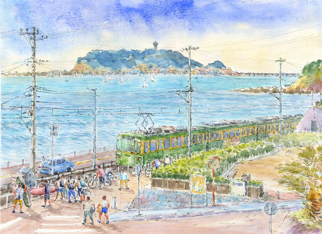 日本産】 緑の江の島 水彩画原画 ＃644 日々の暮らしを心地よく
