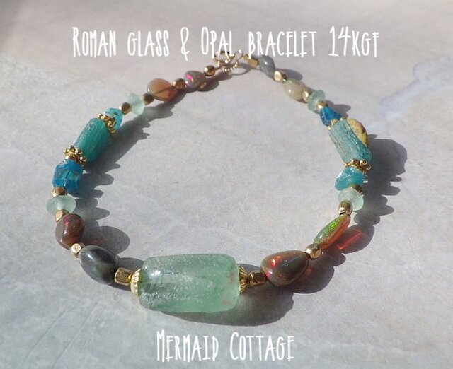 Roman glass & Opal bracelet 14kgfの画像1枚目