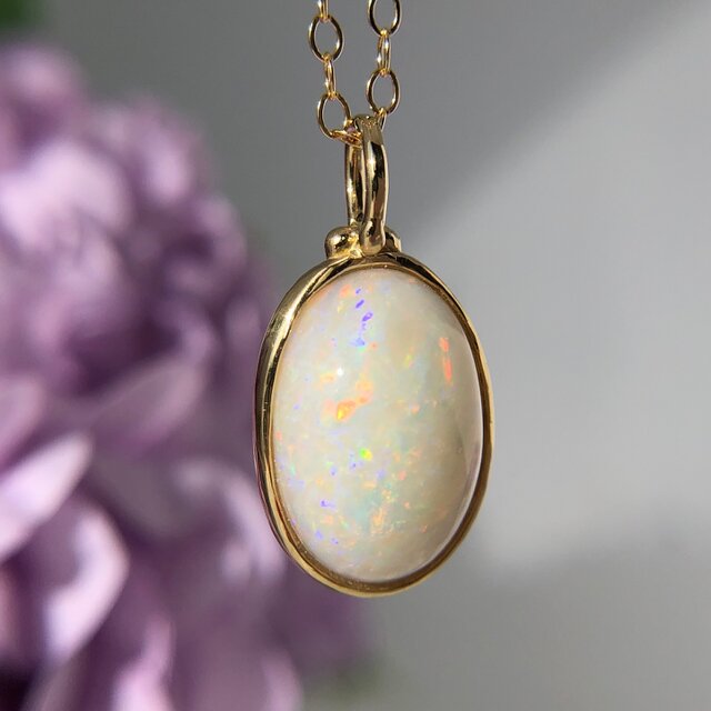 K18☆天然ミルキーオパールロングネックレス3.56ct☆オーストラリア・クーバーペディ産の原石から磨いた1点もの!の画像1枚目