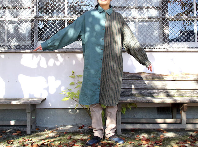 通販限定 リネン 柄アシンメトリー シャツワンピース グリーン 春夏物 Expectation 通販限定 リネン 柄アシンメトリー シャツワンピース グリーン 春夏物 Expectation