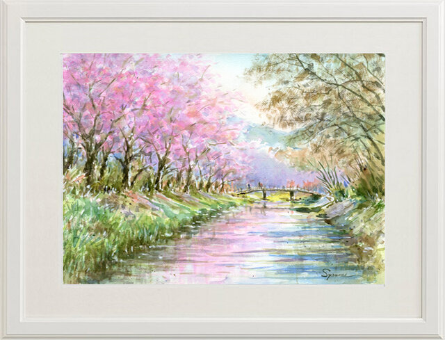 水彩画原画 さくら・忍野村(#407)の画像1枚目