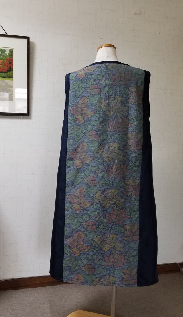 大島紬リメイクワンピース　リボンタイワンピース 着物リメイク 大島紬花柄ワンピース Aライン 2WAY ロング リボン