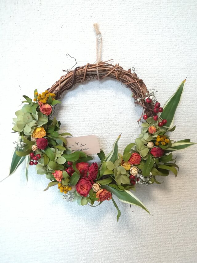 （送料無料）ドライフラワーリース　あじさいとバラと、