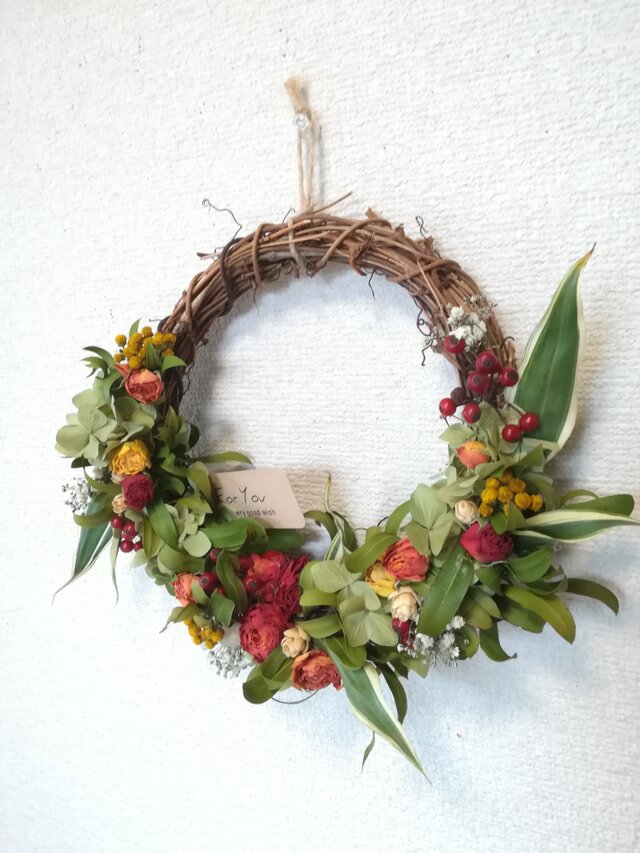 ドライフラワーリース ハンドメイド フラワーリース＊紫陽花リース  薔薇⑦ 送料無料）ドライフラワーリース あじさいとバラと、 | iichi