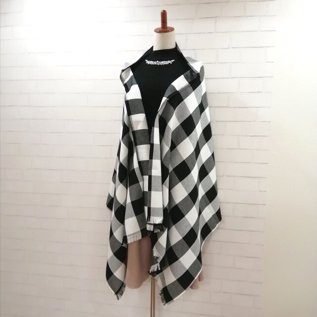 【再販】3wayマフラーショール*白黒ブロックチェック*播州織の画像1枚目